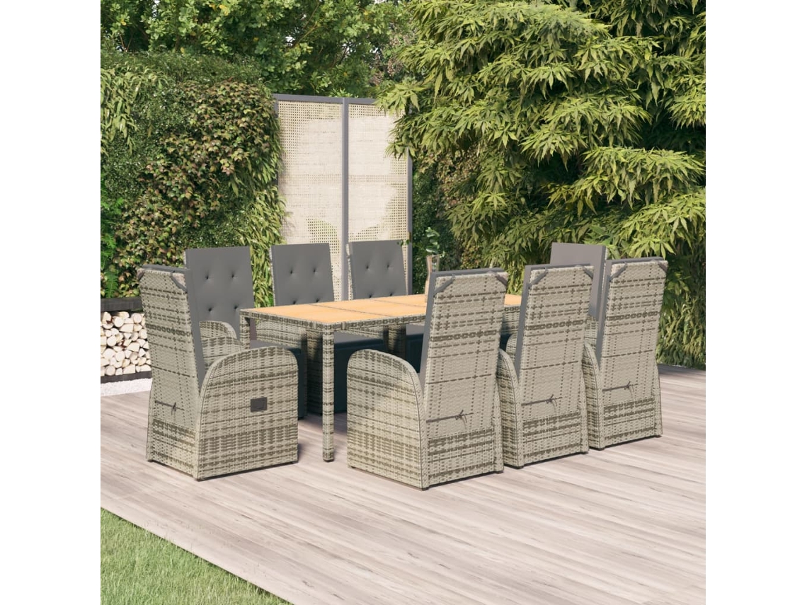 Vidaxl 9 Pcs Conjunto de Jantar P/ Jardim C/ Almofadões Vime Pe Cinza