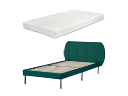 Cama com Colchão e Cabeceira Estofada Porvoo [EN.CASA] Madeira de Pinho Veludo Verde (90x200cm)