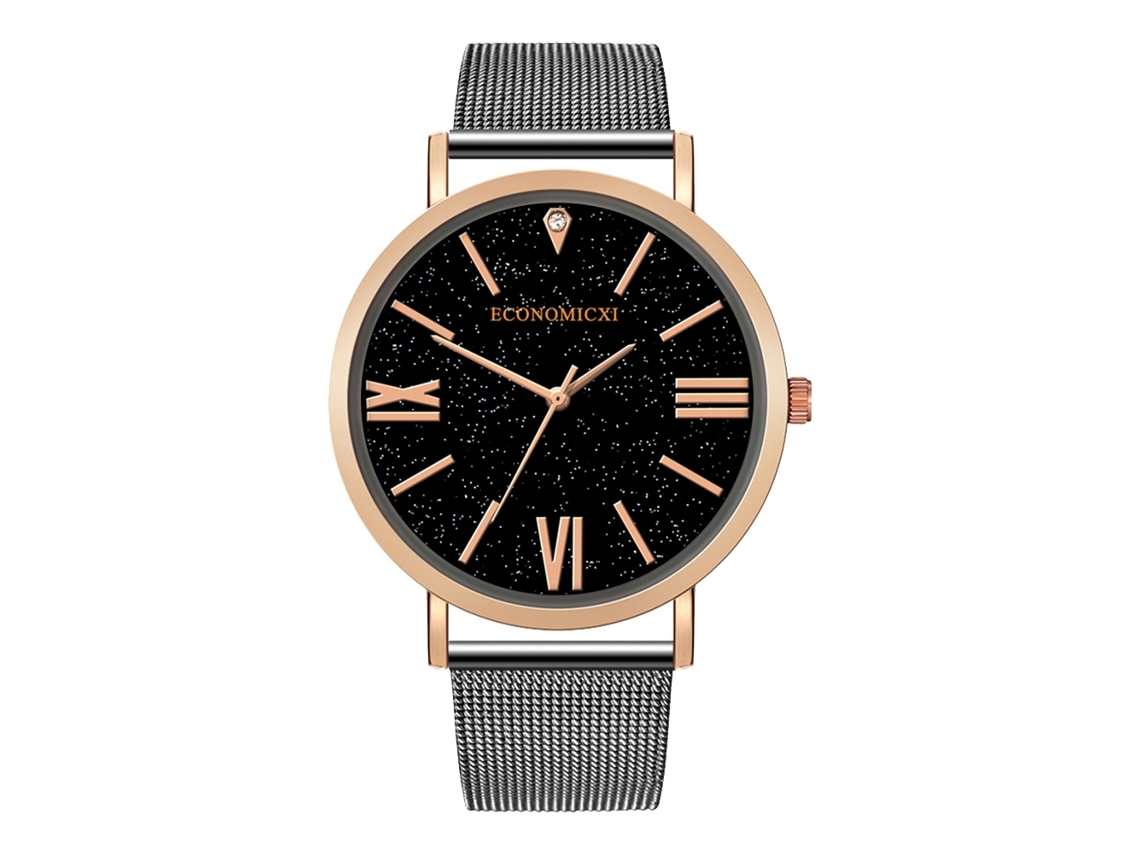 Relógio de pulso masculino com pulseira de liga metálica, mostrador redondo, numerais romanos, movimento de quartzo, preto com detalhes em ouro rosa.