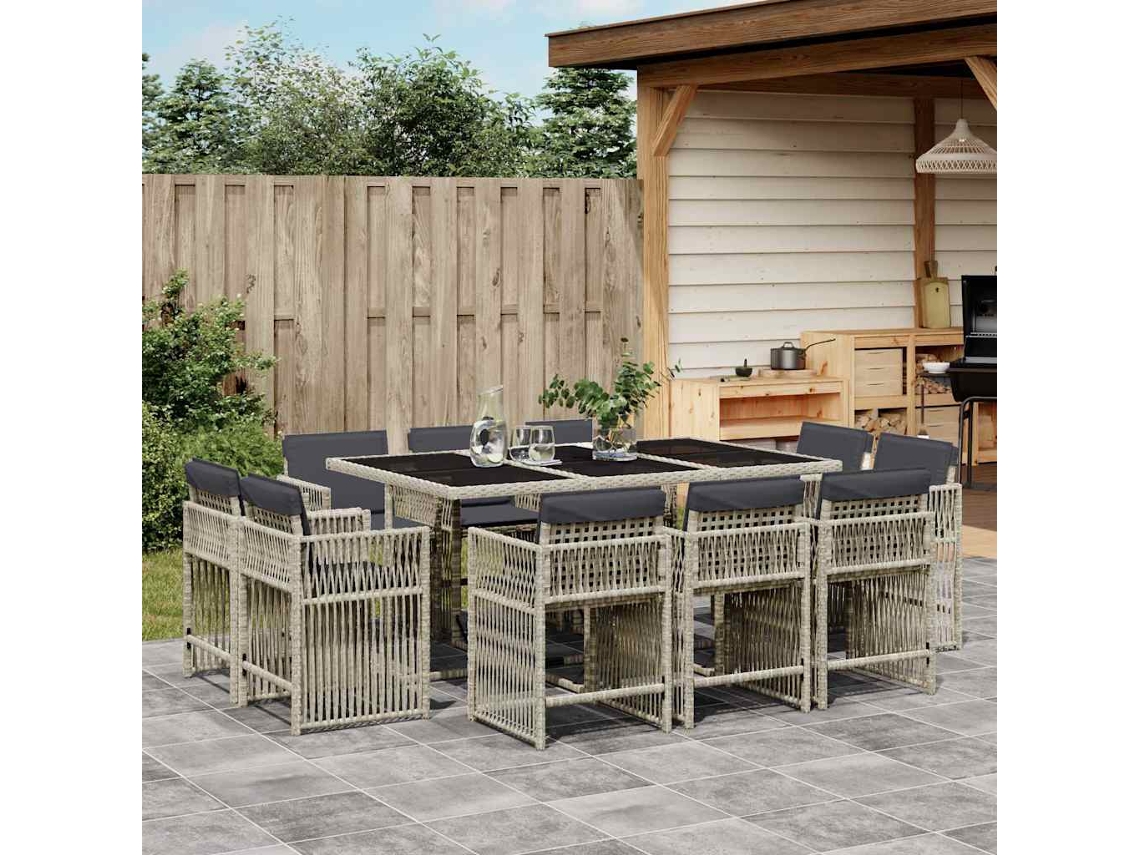 Vidaxl 11 Pcs Conjunto Jantar P/ Jardim C/ Almofadões Vime Pe Cinzento