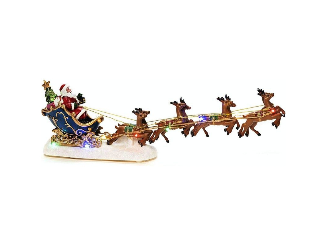 Decoração De Natal Led Cena Com Papai Noel Em Trineo E Renas Voadoras Resina 36cm