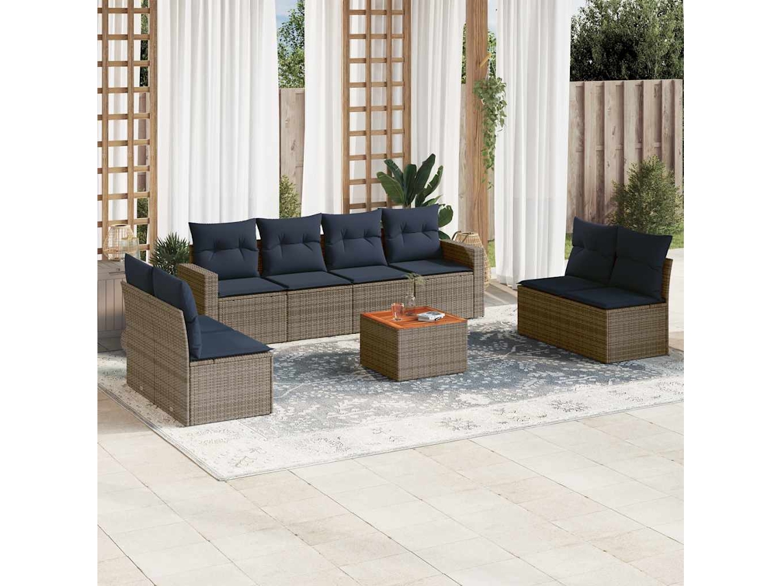 Vidaxl 9 Pcs Conjunto Sofás P/ Jardim C/ Almofadões Vime Pe Cinzento