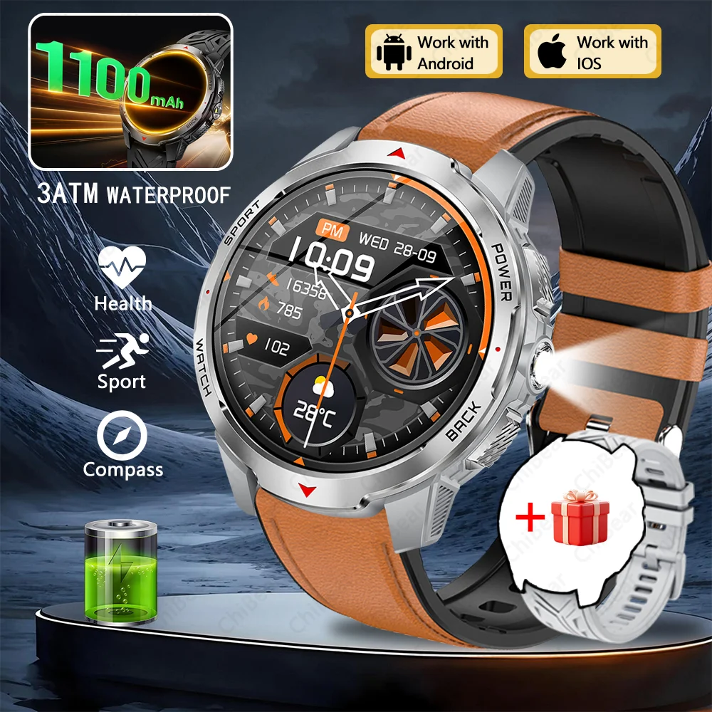 (pulseira Marrom) Smartwatch Com Gps, Bússola, Luz Led, Resistência À Água 5atm E Chamadas Bluetooth.