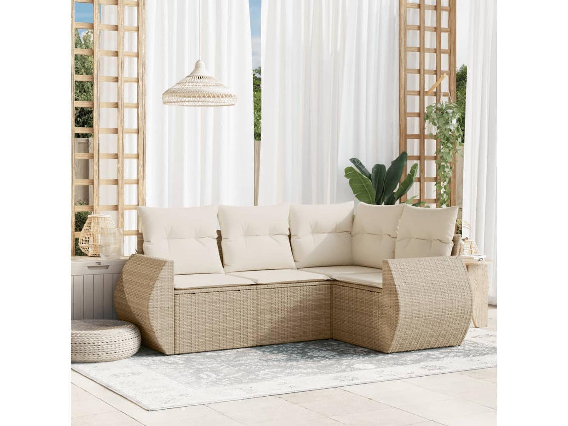 4 Pcs Conjunto De Sofás Para Jardimconjuntos Relax Jardimconjunto De Jantar C/ Almofadões Vime Pe Bege Cfw118821 Lovely Home