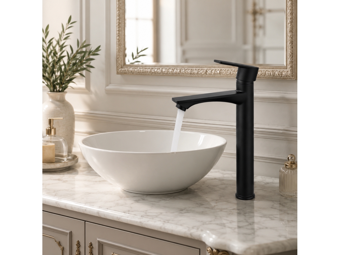 Torneira Lavatório Casa De Banho Preta Alta 223 Mm, Misturadora Monocomando, Para Lavatório De Apoio, Design Moderno