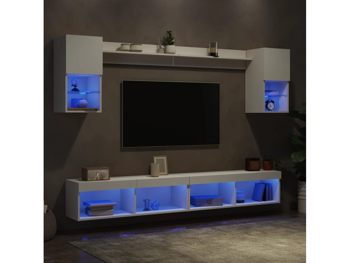 Vidaxl 6pcs Móveis De Parede P/ Tv C/ Leds Derivados De Madeira Branco