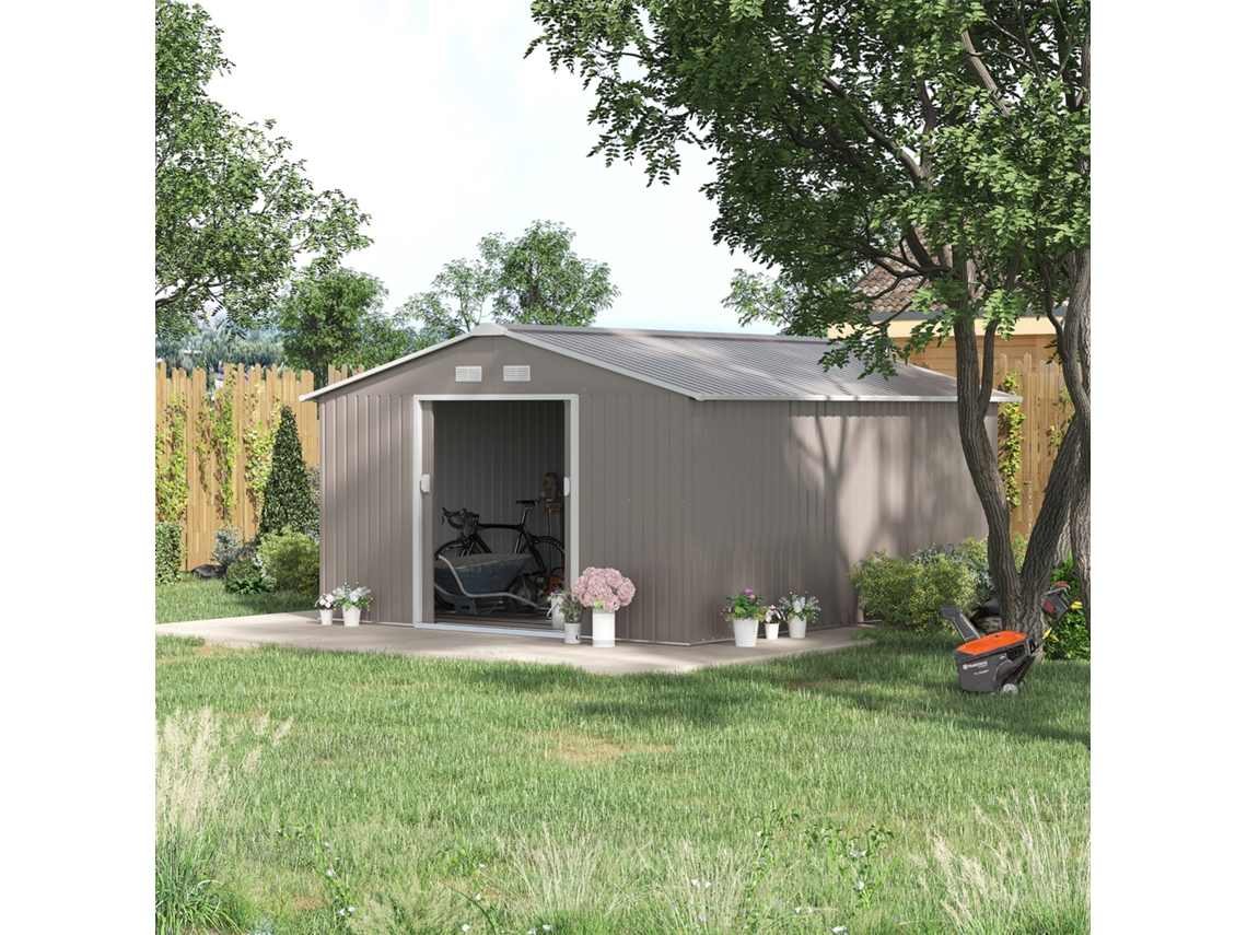 Abrigo De Jardim Metal 12,4 M² Galpão De Ferramentas Aço Galvanizado Com Portas De Correr E Fundação, 340x386x200 Cm, Cinza Escuro