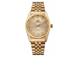 Relógio de pulso masculino analógico de quartzo dourado com pulseira de aço inoxidável.