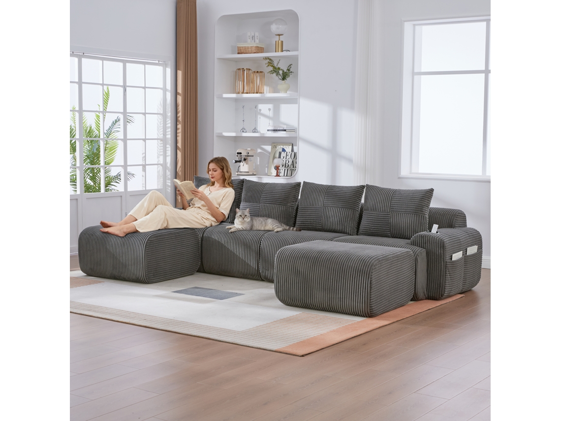 Sofá Modular De Veludo Cotelê Para 4 Lugares Com 2 Puffs, Combinável, Porta-copos, Bolsos Laterais, Cinza Escuro.