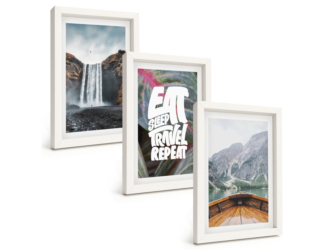 Quadros Decorativos Para Parede Cachoeira, Montanhas, Natureza, Barco Moldura Branca Quadros Para O Escritório Espelharte (3 Peças 20x30 Cm)