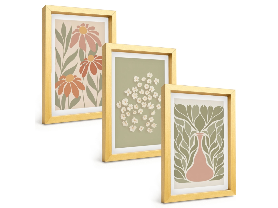 Composição De Quadros Padrões Florais Boho Espelharte (3 Peças 20x30 Cm)
