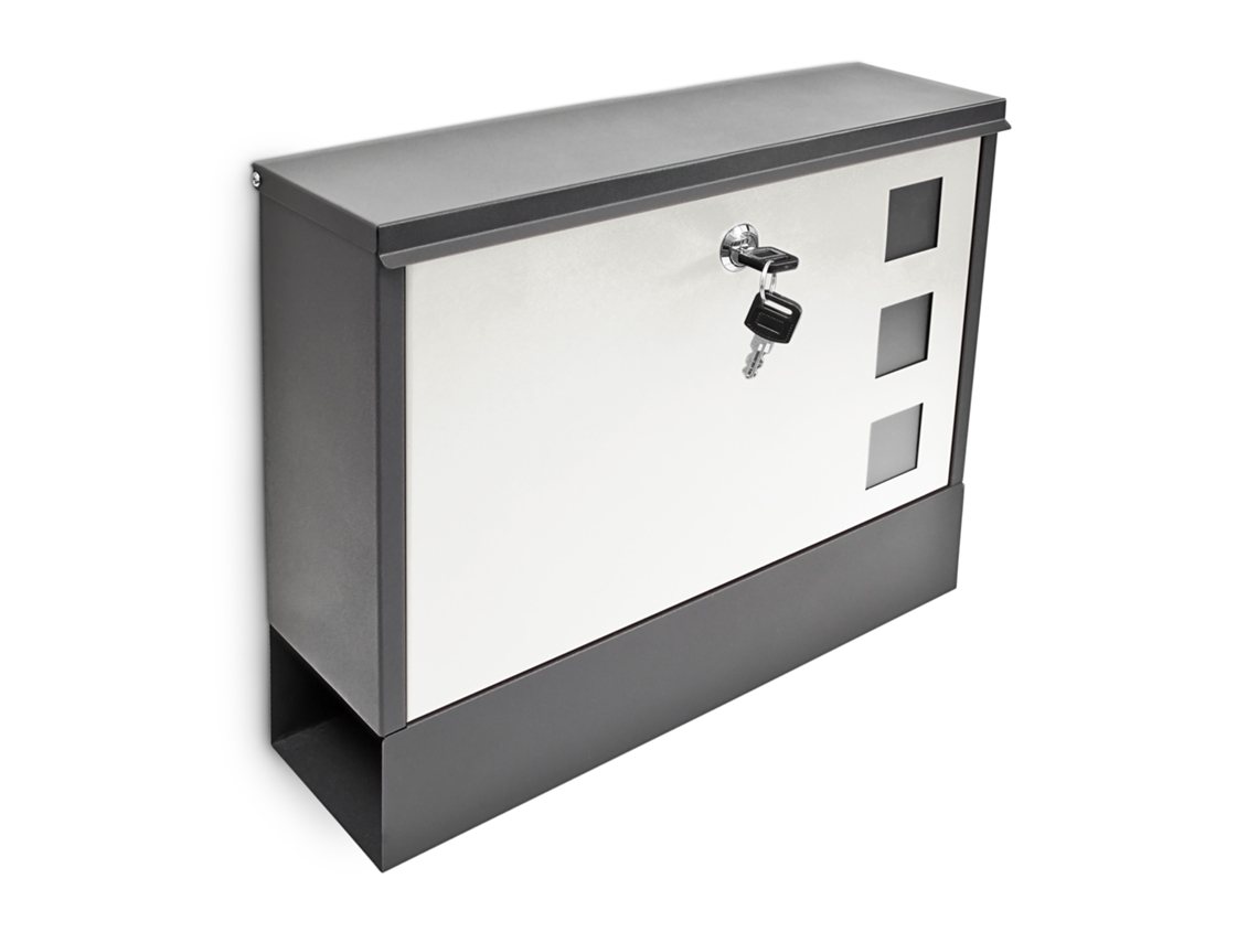 Caixa De Correio Relaxdays Com Suporte Para Jornais, Hbt: 30 X 36 X 10 Cm, Metal, Com 2 Chaves, Moderno, Preto/branco