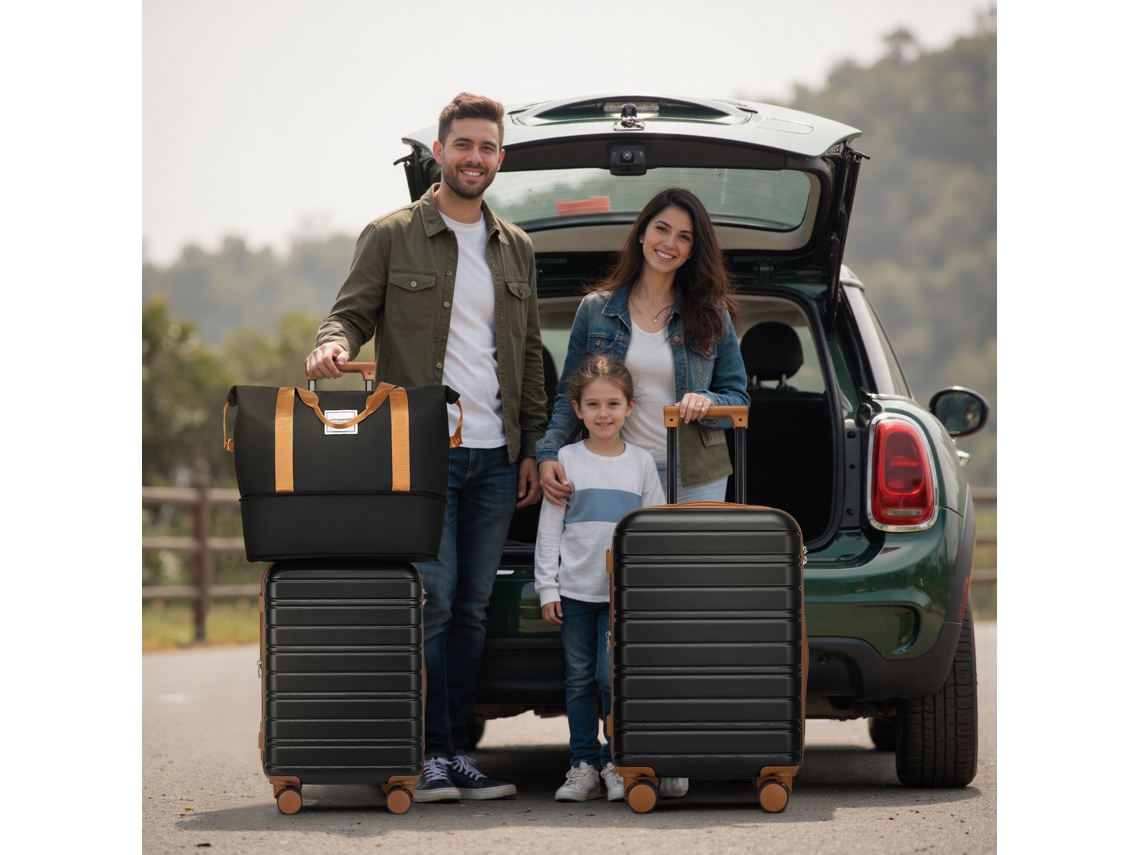 Lote 6 Conjuntos De Bagagem Com Sacos Desportivos, Malas Rígidas Extensíveis Com Rodas 360°, Preto