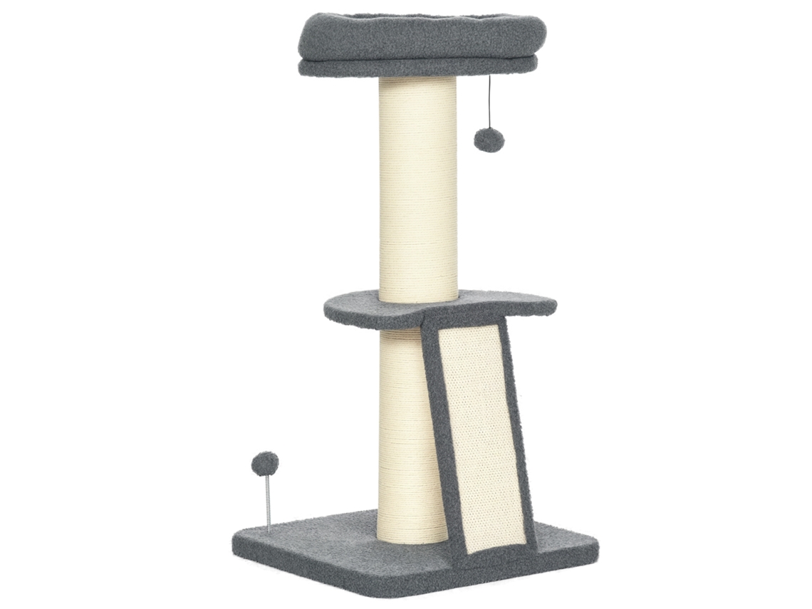 Árvore com Poste para Arranhar, Tronco de Sisal, Bolas Penduradas e Plataforma de Observação, 92 Cm de Altura Cinza
