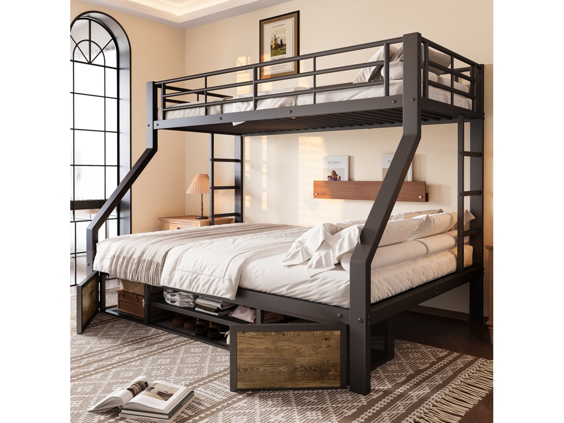 Beliche 90x200 E 140x200cm, Cama Infantil Com Sapateira, Compartimentos, Grade De Segurança, Escada, Certificado En747, Sem Colchão, Preto.