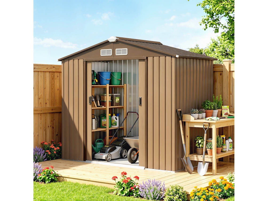 Suporte Amarelo Para Ferramentas De Chapa Metálica, 213x130x185cm, Ideal Para Galpão De Jardim Com Portas Deslizantes