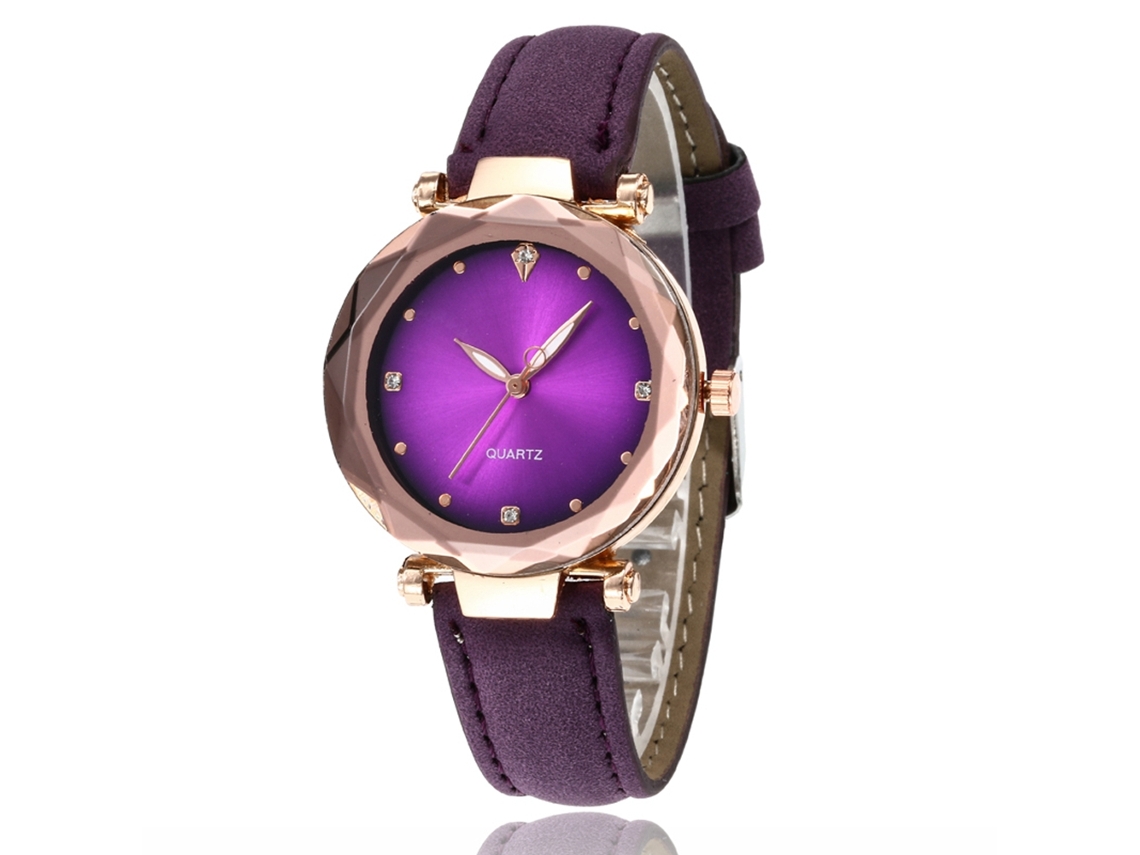 Relógio de Pulso Feminino Moda Pulseira Pu Ajustável Display Analógico Quartzo Roxo