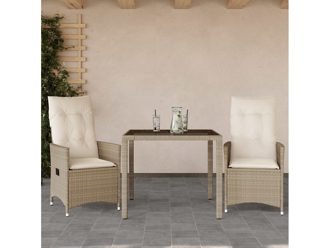 3 Pcs Conjunto Bistrô Com Almofadões Vime Pe Bege Dkd Home Decor