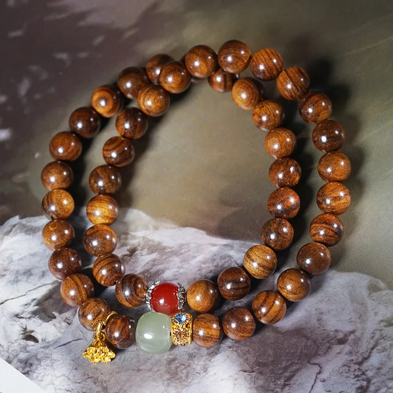 Pulseira De Duas Voltas Em Jacarandá Preto Natural Com Contas De 8 Mm, Adornada Com Jade E Ágata Vermelha.