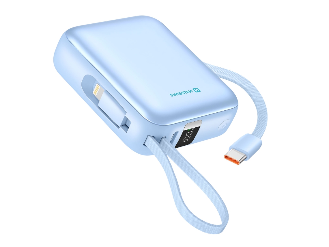 Bateria Externa 10000mah 22.5w com cabos Usb e Lightning e Tela LCD SWISSTEN