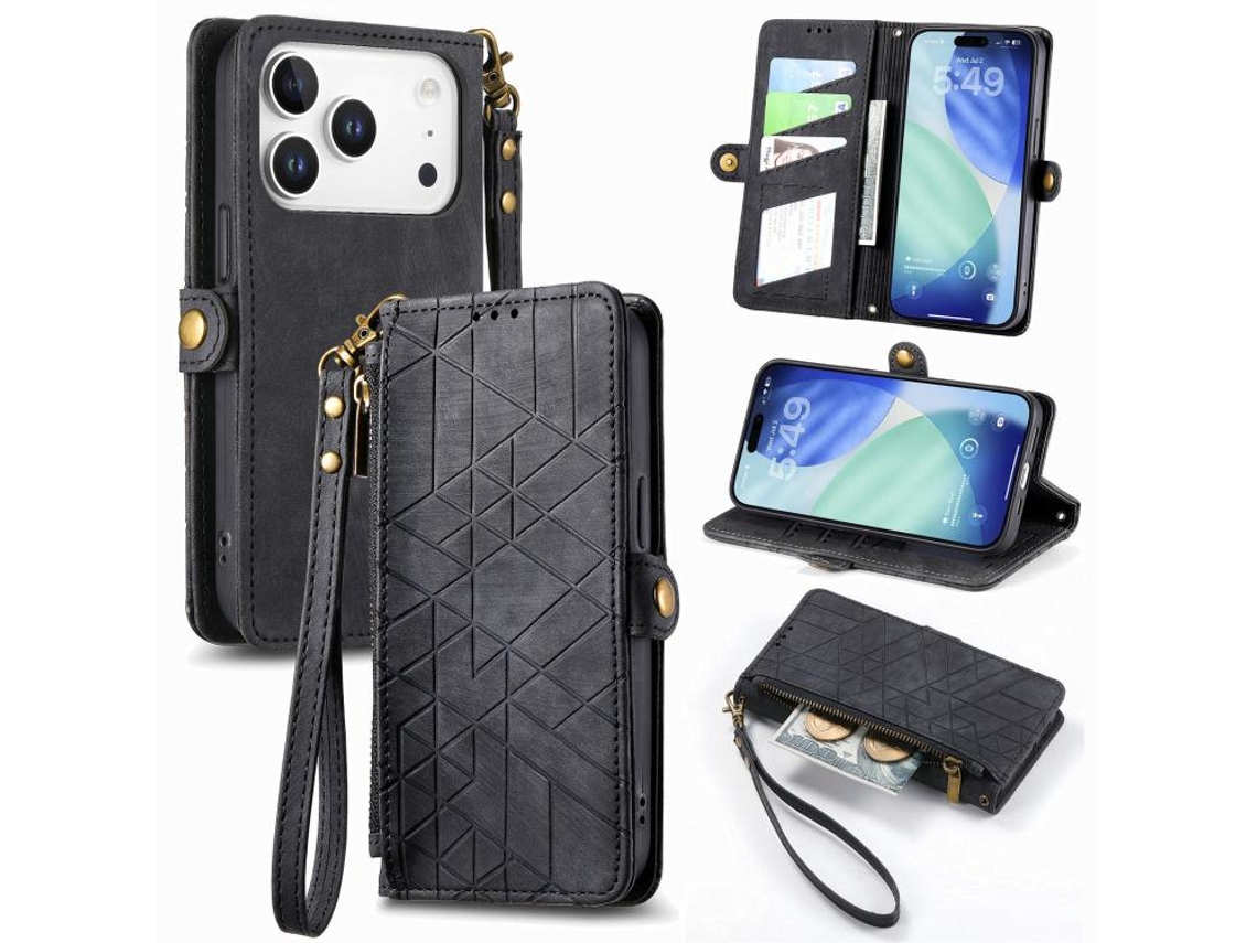 Capa De Couro Para Iphone 17 Pro Max Com Zíper Geométrico E Fivela Lateral.