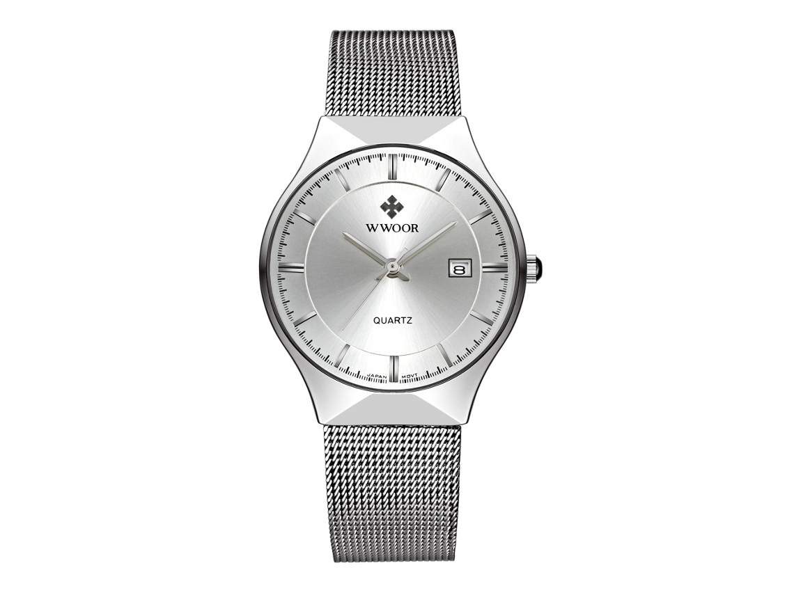 Relógio de pulso masculino Wwoor, aço inoxidável, resistente à água (mostrador branco)