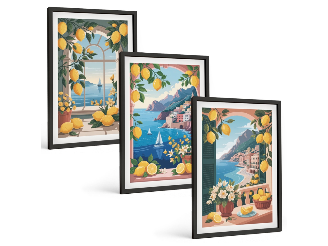 Conjunto De Pinturas Janela Com Vista Para O Mar, Limões Italianos Espelharte (3 Peças 40x60 Cm)