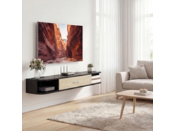 Meuble Tv Suspendido 120 Cm, Móvel De Televisão Até 50 Polegadas, Porta Rebatível, 2 Prateleiras Abertas E Passa-cabos, Preto