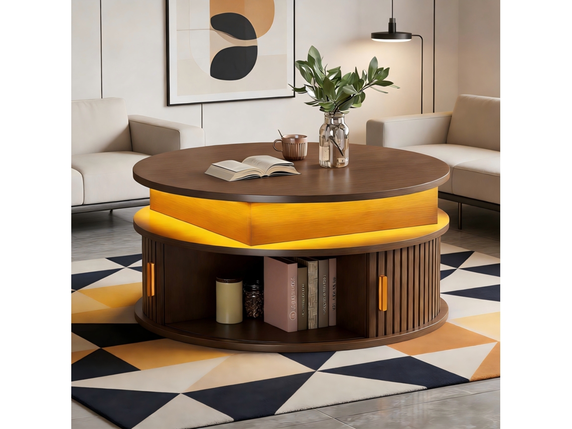 Mesa De Centro Redonda 75x75x52cm, Ajustável Com Rodízios E Portas De Correr, Em Nogueira.