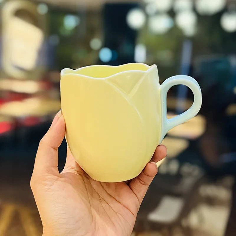 Caneca de Cerâmica Personalizada em Formato de Tulipa, Amarela, 350 Ml, Estilo Francês. MDUG