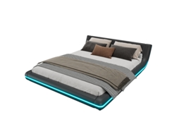 Cama Plana De 160*200cm, Cama De Chão, Pu, Luz Ambiente Led, Preta