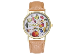 Relógio de quartzo unissex com pulseira de couro PU, mostrador moderno com estampa de frutas, estilo casual (bege)