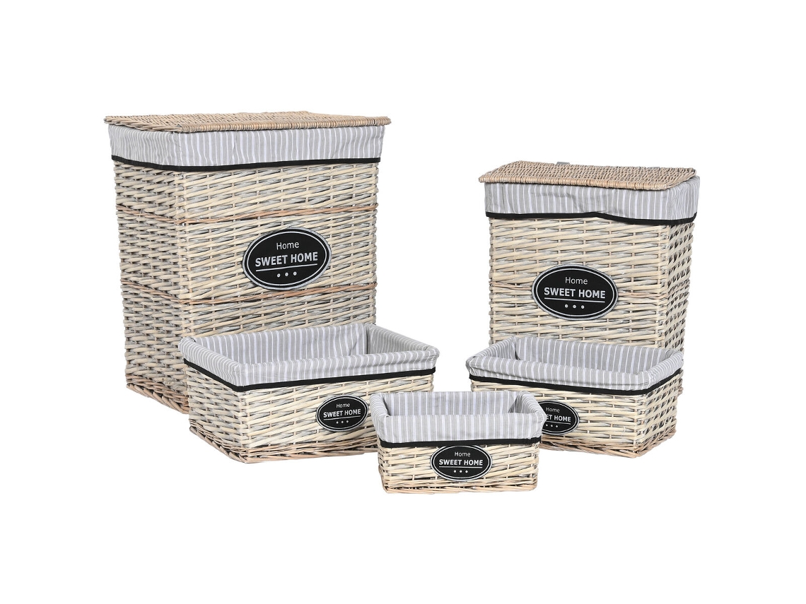Cesto de Roupa Suja HOME ESPRIT Branco Castanho Preto Cinzento Natural Vime Shabby Chic 47 X 35 X 55 Cm 5 Peças