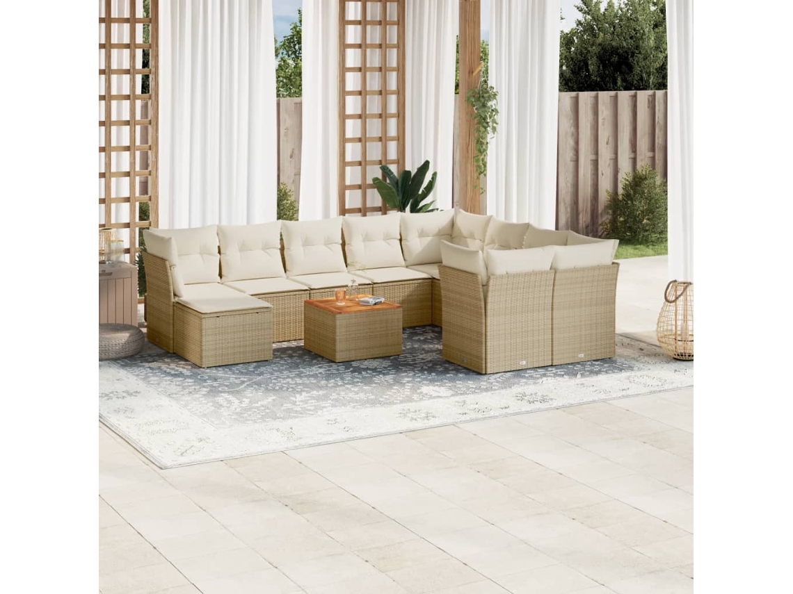 Vidaxl 11 Pcs Conjunto Sofás De Jardim C/ Almofadões Vime Pe Bege