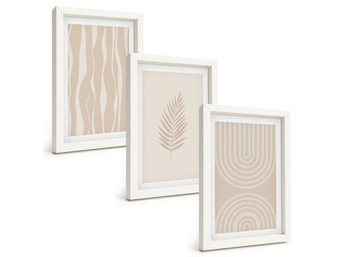 Conjunto De Quadros Com Moldura Padrões De Plantas Em Bege Moldura Branca Fotos Para O Corredor Espelharte (3 Peças 20x30 Cm)