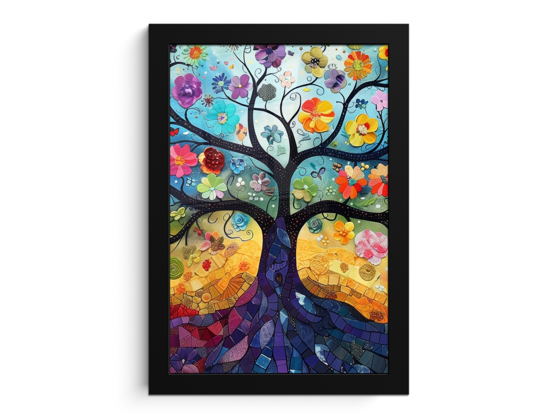 Poster Emoldurado Arte - Árvore Da Vida - Flores - Hippie 20x30 Cm