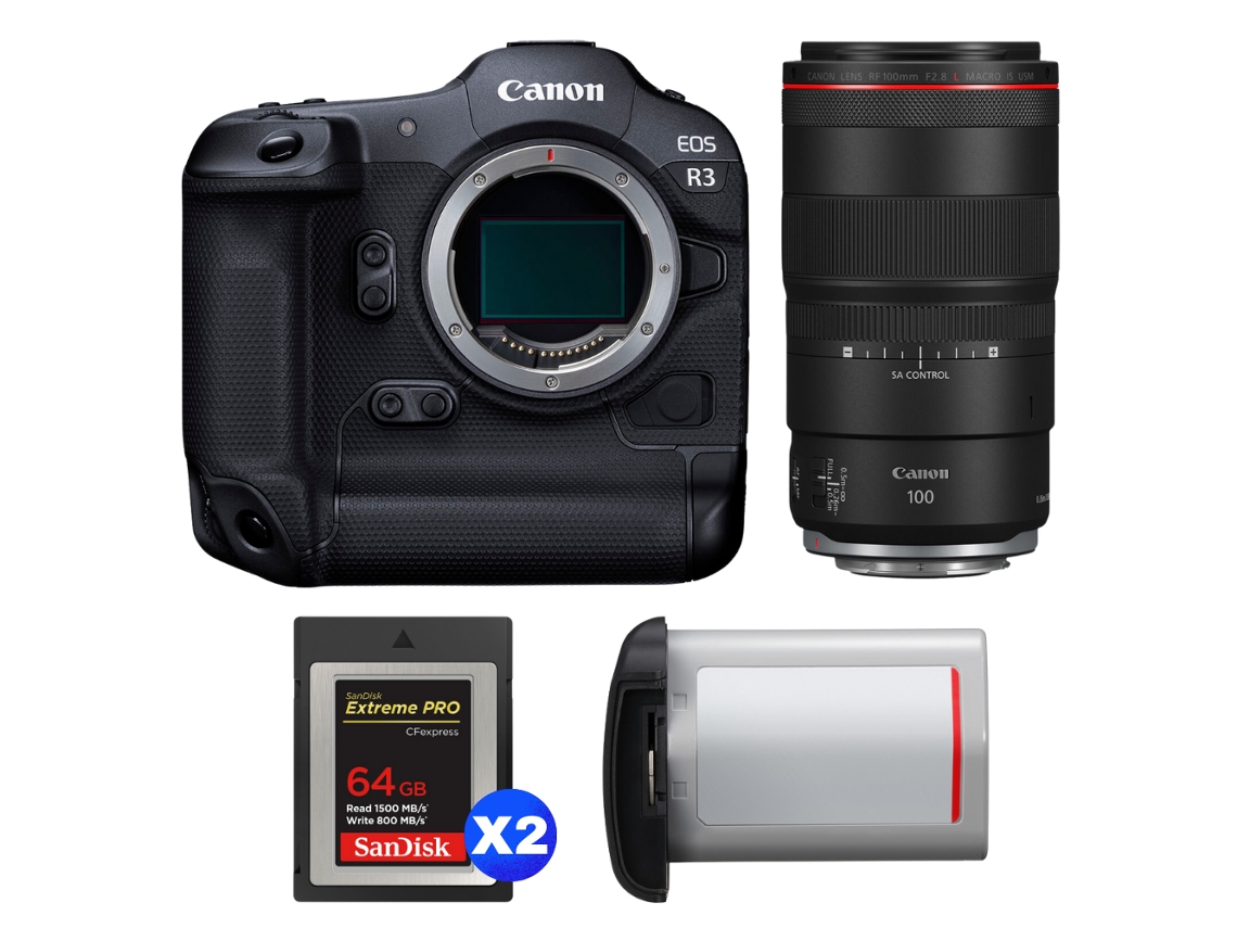 Eos R3 + Rf 100mm F/2.8 L Macro Is Usm + 2 Sandisk 64gb Extreme Pro Cfexpress Type B + Canon Lp e19 + Ebook Pricedirect CANON