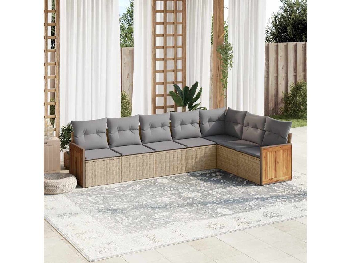 Vidaxl 7 Pcs Conjunto De Sofás P/ Jardim Com Almofadões Vime Pe Bege