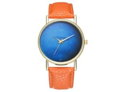 Relógio de quartzo com pulseira de couro PU, estampa de céu estrelado, unissex, casual, laranja.