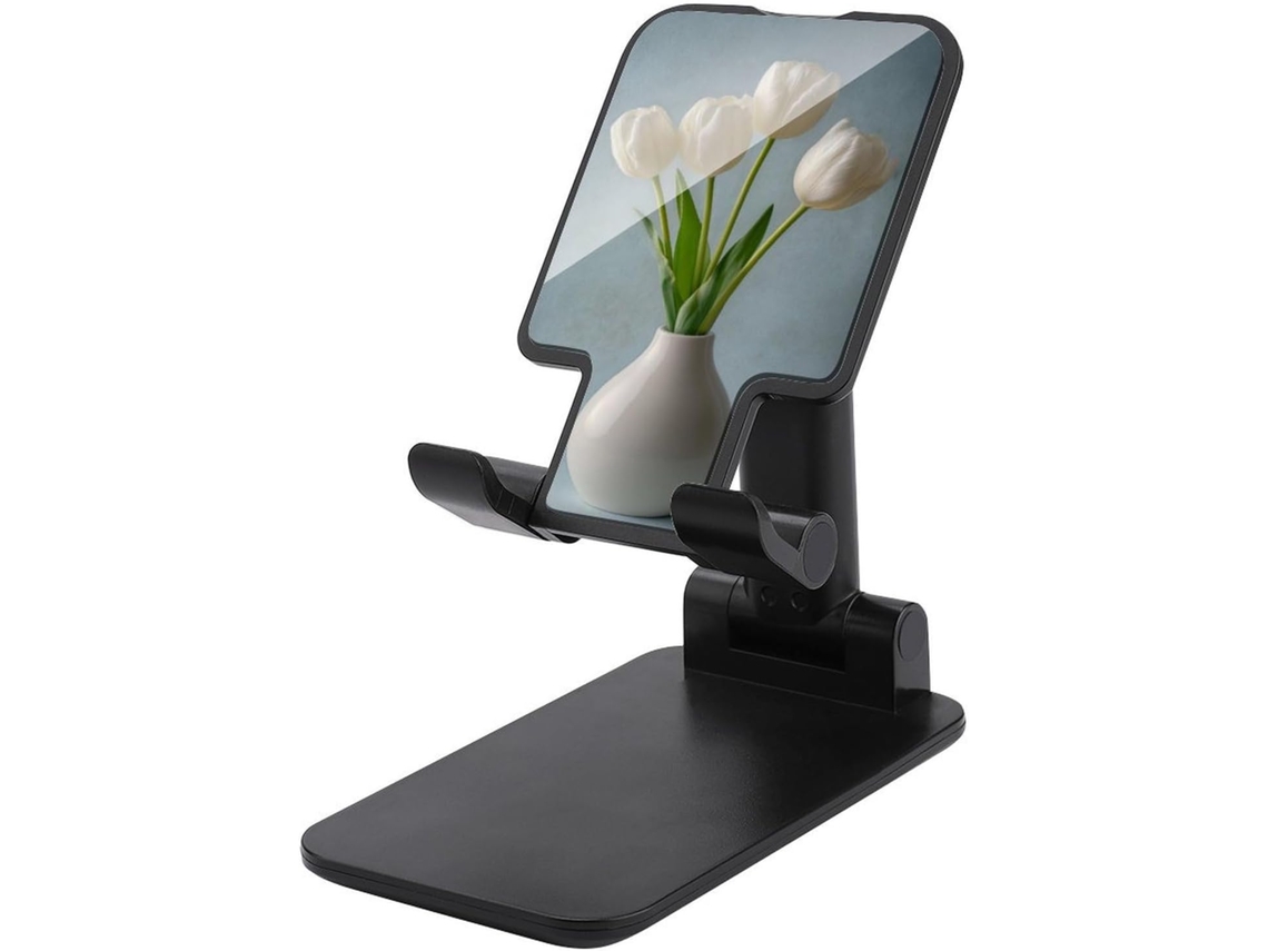 Suporte Minimalista E Elegante Para Celular Com Tulipas Brancas Em Um Vaso, Dobrável E Ajustável Para Mesa