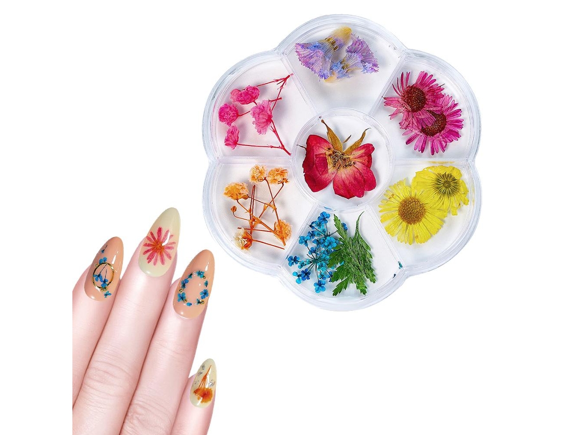 1 Caja De Flores Secas Com 6 Compartimentos Decoração De Unhas Arte De Unhas Diy Flores Falsas Para Manicure 05
