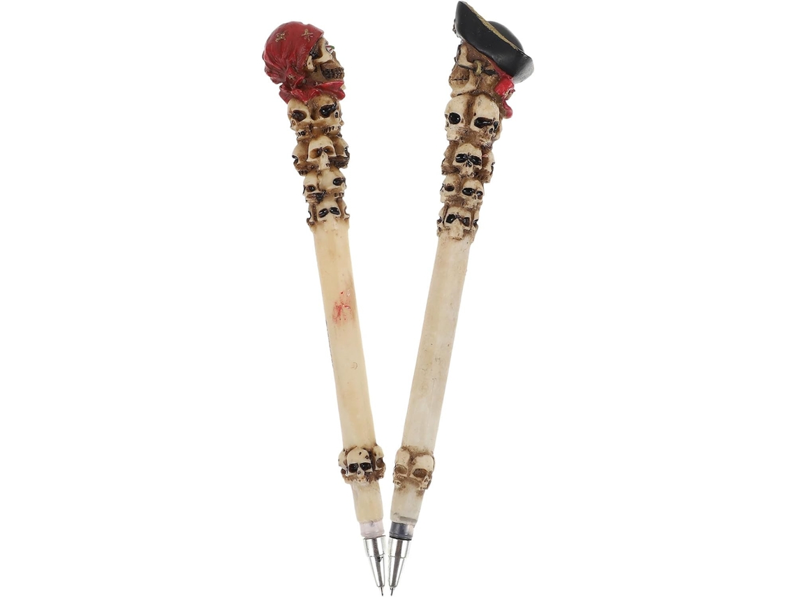 Conjunto Alipis com 2 Canetas Esferográficas Decorativas em Resina no Formato de Caveira Pirata, para Meninos,