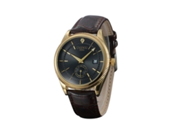 Relógio de pulso masculino Fashion em couro PU, redondo, quartzo, preto e dourado.