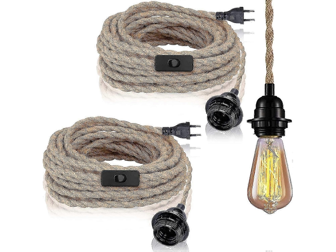2 Luminárias Pendentes Com Interruptor, Corda De Cânhamo Com Cabo De 4,5m, Soquete E27 (sem Lâmpada)