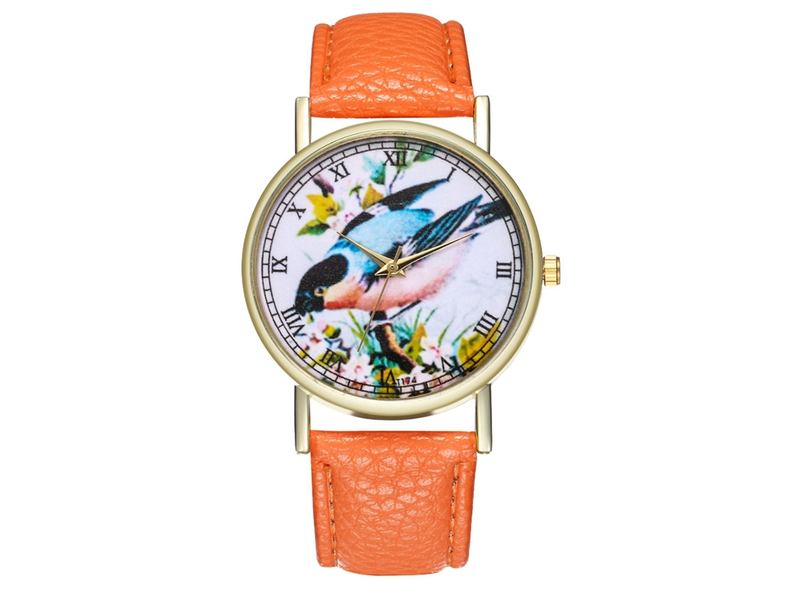 Relógio de Pulso Fashion Quartzo com Pulseira de Couro Padrão de Pássaro Dial Redondo Laranja