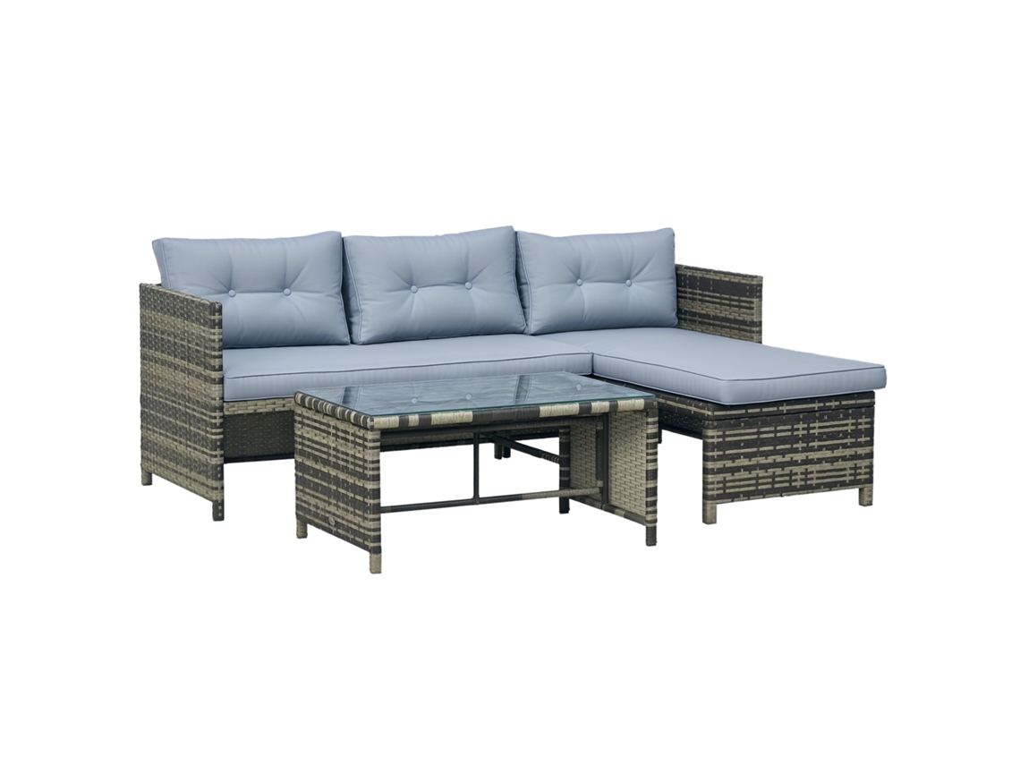 Sofá de jardim em rattan PE, chaise longue e mesa com almofadas incluídas | S/MARCA