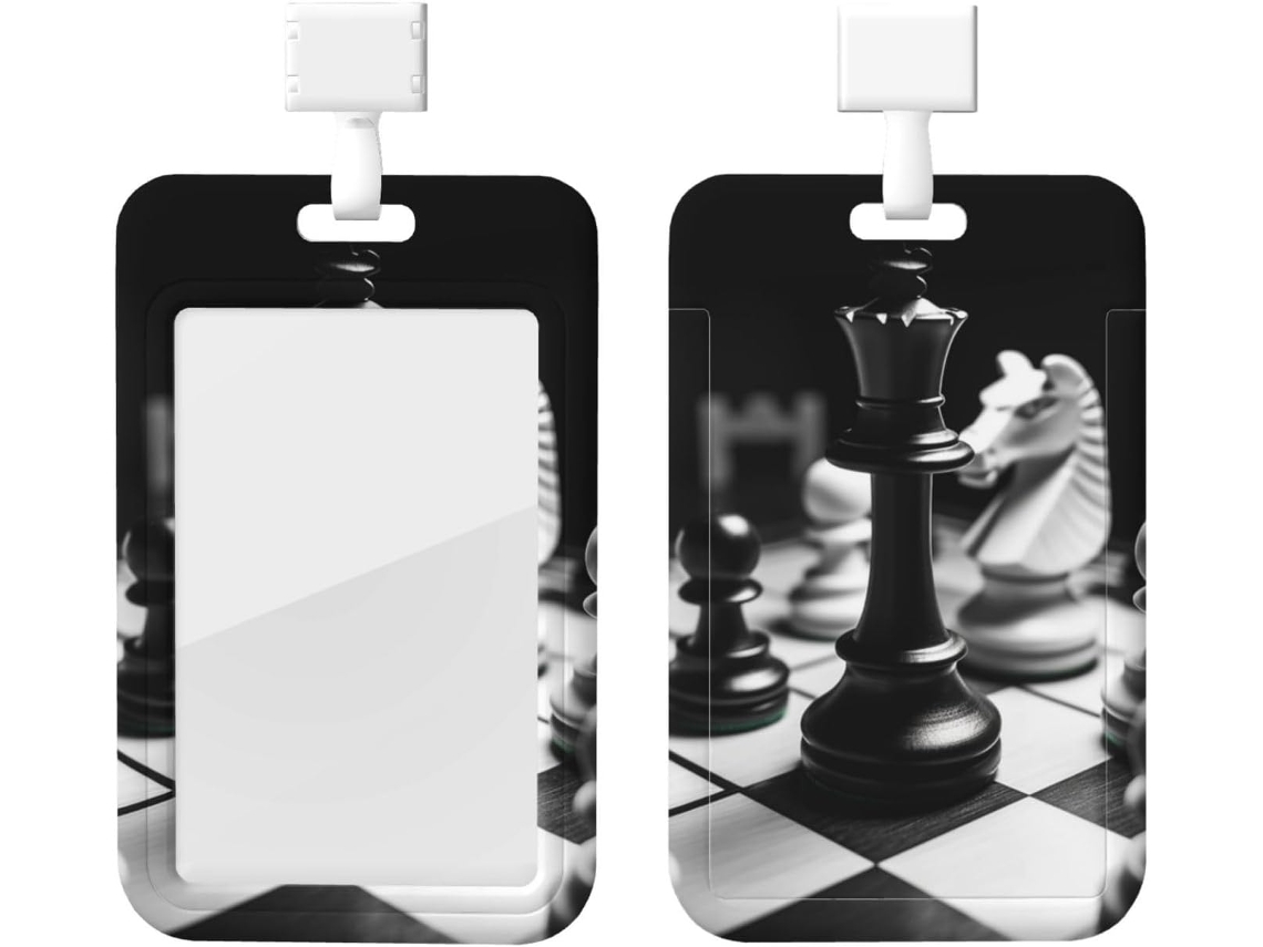 Porta-crachá com carimbo Xadrez em preto e branco, cordão, revestimento plástico impermeável, identificação de cracháo
