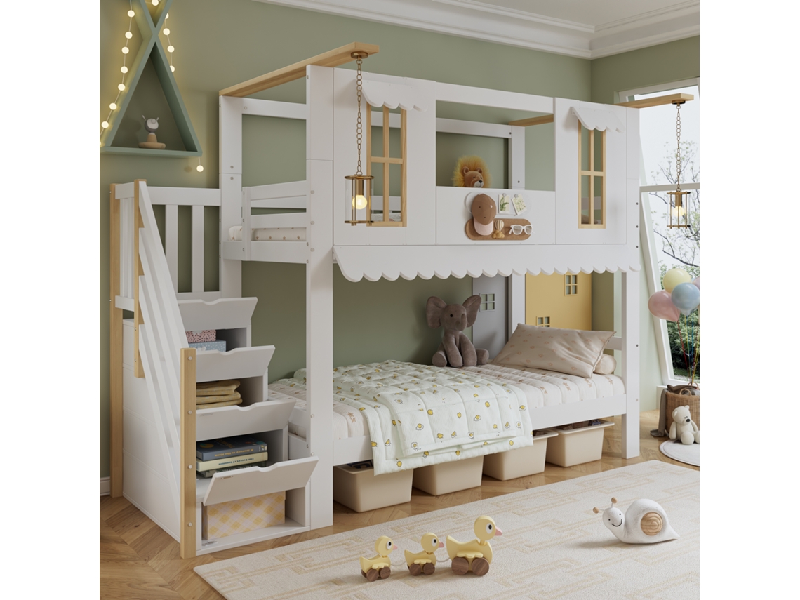 Cama Em Beliche Madeira Maciça+mdf Branco+natural 90x200 Cm