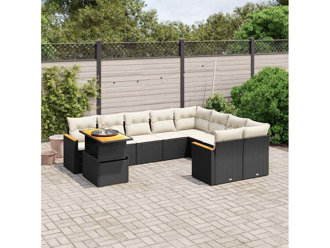 Jogo de Sofá Jardim 10 Peças C/ Almofadões Vime Pe Preto Dkd Home Decor