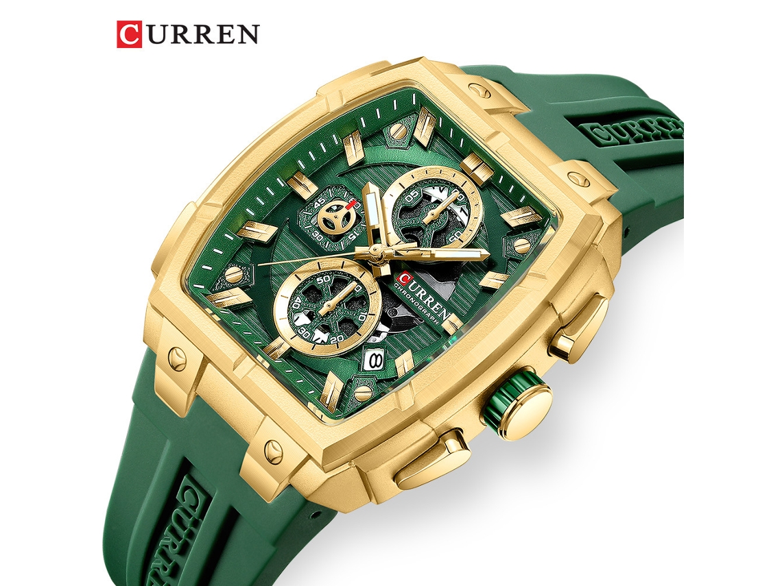 Relógio de Quartzo MDUG Estilo Esportivo com Calendário, formato Tonneau, para Negócios Masculino (dourado e Verde)